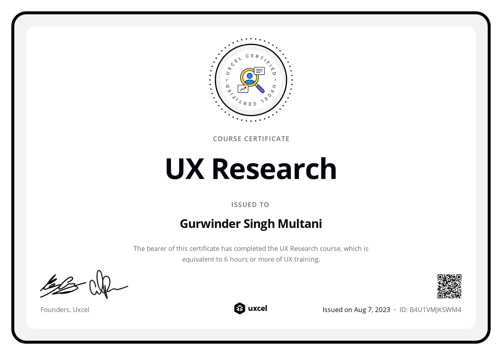 Gurwinder Singh Multani's certificate